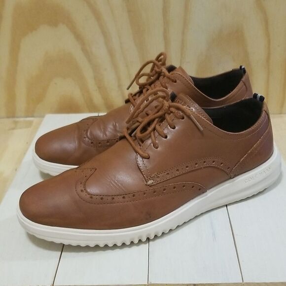 Cole Haan Grand+ Tan/Ivory Leather Wingtip Oxfords Sz 11 - Picture 3 of 8